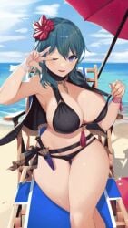 1girls ;d adjusting_clothes alternate_costume animated animated_gif ass_visible_through_thighs ball bangs bare_legs beach beach_chair beach_umbrella betaa_99 bikini bikini_lift black_bikini black_capelet black_swimsuit blue_eyes blue_sky breasts byleth_(fire_emblem) byleth_(fire_emblem)_(female) byleth_(summer)_(fire_emblem)_(female) capelet cleavage clothes_lift commentary_request crossed_legs day feet_out_of_frame fire_emblem fire_emblem:_three_houses fire_emblem_heroes flower hair_flower hair_ornament hibiscus highres horizon knife large_breasts lifted_by_self long_hair looking_at_viewer navel nintendo ocean official_alternate_costume one_eye_closed open_mouth outdoors pose purple_eyes red_flower sand sideboob sitting sky smile solo spiz straight sweat swimsuit tassel teal_hair teasing thick_thighs thigh_strap thighs twitter_username umbrella v w water wet wink wristband