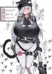 1girls alternate_breast_size animal_ears arknights big_breasts blush bodily_fluids breast_expansion breasts cat_ears crossbow female gameplay_mechanics huge_breasts kokihanada large_breasts looking_at_viewer looking_pleasured open_mouth schwarz_(arknights) sensitivity_heightening sex_toy silver_hair solo solo_female translation_request vibrator yellow_eyes