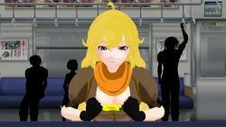 1girls blonde_female blonde_hair clothed_female fingerless_gloves long_hair long_hair_female pull_down pulling_clothing purple_eyes rwby showing_breasts theblackbirdcalls yang_xiao_long