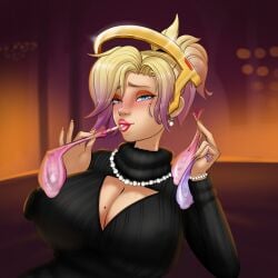 1girls blonde_hair boob_window cleavage_cutout condom dixieduckart fellatio_gesture looking_at_viewer mercy mole mole_under_eye necklace overwatch overwatch_2 solo straw straw_in_condom sweater used_condom used_condoms