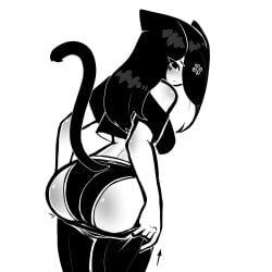 1girls 2024 anger_vein angry animal_ears ass big_ass black_eyes black_hair black_panties blush body_blush butt_blush cat_ears cat_tail catgirl dressing facial_markings from_behind long_hair looking_back monochrome off_shoulder original panties pants standing tagme tail tekona undersized_clothes