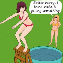 2girls bare_shoulders bikini bikini_bottom bikini_top english_text female female_only human ironscrub multiple_girls pool red_bikini red_bikini_bottom red_bikini_top ruby_rose rwby speech_bubble tagme_(character) text text_bubble yang_xiao_long