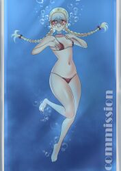 asphyxiation bikini blonde_hair blue_eyes braided_hair braided_twintails braids choker collarbone drowning female flat_chest glasses heart-shaped_sunglasses heathcliff_(artist) imminent_death navel nipples original original_character peril red-tinted_eyewear ribbon ribbons sunglasses thick_thighs tinted_eyewear twintails underwater undressing water_tank