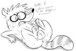 anthro anus ass balls bodily_fluids cartoon_network dialogue english_text fur fur_markings genitals legs_up lemon_smoothie lying male male_only mammal markings monochrome nervous on_back open_mouth pawpads paws presenting presenting_anus procyonid raccoon regular_show rigby_(regular_show) ring_(marking) ringed_eyes ringtail short_stack shortstack sketchy solo solo_male speech_bubble sweat tail_markings text whiskers