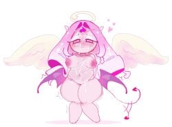 chubby_belly chubby_female cookie_run cookie_run_kingdom cum cute cute_face eternal_sugar_cookie female female_focus holding_own_belly magpiered oiled_skin shaking squishing_belly tail thick_thighs wings