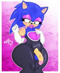 1boy anthro ass balls big_lips bimbo bimbo_lips blue_fur blue_hair eyelashes femboy furry gloves green_eyes hedgehog hedgehog_humanoid hips large_ass large_penis lips long_sleeve_gloves male male_focus male_only open_mouth penis penis_out purple_eyeshadow renegade-157 rouge_the_bat_(cosplay) sega sonic_(series) sonic_the_hedgehog sonic_the_hedgehog_(series) spandex spandex_suit testicles thick_thighs thighs wardrobe_malfunction wide_hips