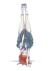 asuka_langley_sohryu bare_legs evalemonmaster handstand long_hair lycoris_challenge mraartworks neon_genesis_evangelion red_hair school_uniform schoolgirl schoolgirl_uniform skirt skirt_tug skirt_up socks teenager thick_thighs upside-down