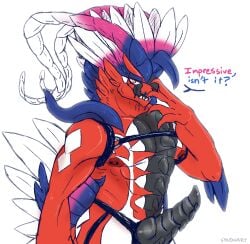 anthro claws dialogue feathers genitals harness hi_res knot koraidon licking licking_lips male male_only nipple_piercing nipples paradox_pokemon pecs penis piercing pokémon_(species) pokemon pokemon_sv scalie solo speech_bubble syndhart tongue tongue_out