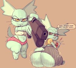 aggressive_retsuko aggretsuko anthro bottom_heavy english_text erect_nipples female gun huge_ass huge_butt manaka_(aggretsuko) nipple_bulge nipples sanrio sixsidesofmyhead small_breasts solo tearing_open_bottoms text