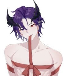 1boy 1guy 1male 1man bedroom_eyes bondage demon demon_horns demon_humanoid demon_lord exposed_chest gay heterochromia incubus male male_only muscular muscular_male pale-skinned_male pale_skin purple_eyes purple_hair red_eyes red_ribbon red_rope ribbon ribbon_bondage rope shinichi_kai shinichi_kai_(vtuber) submissive submissive_male succubus twunk virtual_streamer virtual_youtuber vtuber yaoi