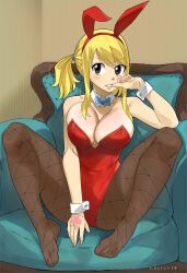 ass blonde_hair blush bow bowtie breasts brown_eyes bunnysuit fairy_tail feet female gaston18 highleg highleg_leotard highres large_breasts leotard looking_at_viewer lucy_heartfilia pantyhose playboy_bunny rabbit_ears rabbit_tail red_leotard tattoo wide_hips