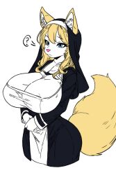 1girls anthro big_breasts blonde_hair blue_eyes breasts canid canine clara_(fokkuzu) digital_media_(artwork) female female_only fokkuzu fox hair mammal nun nun's_habit nun_outfit pink_nose question_mark simple_background solo white_body