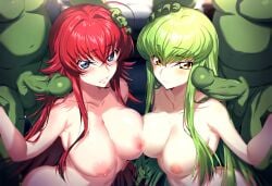 2boys 2girls ai_generated asymmetrical_docking big_breasts blue_eyes blush breasts c.c. code_geass completely_nude crossover erection fat_man female green_hair green_skin head_grab high_school_dxd human interspecies large_penis long_hair male naked nipples nude orc orc_male penis pernis red_hair rias_gremory straight tagme