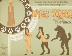 advertisement anthro breasts canid canine canis english_text female hair human januwerey long_hair mammal nude parody satire shampoo_bottle sindaj solo text transformation under_boob were werecanid werewolf wolf