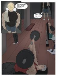 boxers comic gym gym_clothes jaune_arc male male_only muscular_male rwby smiling_samurai text text_bubble weightlifting working_out workout