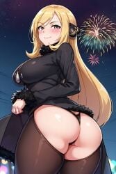 ai_generated ass_cleavage big_ass black_coat blush busty creatures_(company) curvy cynthia_(pokemon) female female_only fireworks from_behind fur_collar game_freak hair_ornament hi_res highres nintendo pantyshot pokemon pokemon_(game) pokemon_trainer seraphim_ai side_view smile solo stable_diffusion tights torn_pantyhose