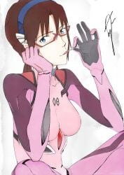 1girls big_breasts blue_eyes bodysuit breasts brown_hair female glasses gloves human light-skinned_female light_skin lollipop long_hair looking_at_viewer mari_illustrious_makinami monyker neon_genesis_evangelion neopn_genesis_evangelion pilot_suit plugsuit portrait rebuild_of_evangelion tight_clothing