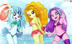 3girls adagio_dazzle aria_blaze beach beach_ball bikini blue_bikini blue_hair blue_skin breasts charliexe curly_hair equestria_girls female female/female/female female_focus female_only girls girls_only long_hair medium_breasts multiple_females multiple_girls my_little_pony orange_hair pink_bikini pink_eyes pink_skin purple_bikini purple_eyes purple_hair sonata_dusk the_dazzlings water yellow_skin