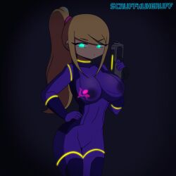 1girls animated areola areolae areolae_visible_through_clothing blinking blonde_hair blue_eyes bodysuit color colored female female_focus female_only gif glowing_clothes glowing_eyes gun hand_on_hip holding_gun metroid midriff ponytail samus_aran scruffmuhgruff skintight skintight_bodysuit solo solo_female standing thighs watermark zero_suit zero_suit_samus