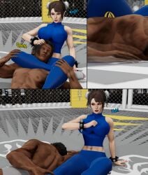 1boy 1girls brown_eyes brown_hair choking choking_out choking_with_legs chun-li clothed clothed_female defeat defeated_male female femdom fight fighter fighting fighting_ring hair_bun hair_buns male malesub ronail strangling street_fighter