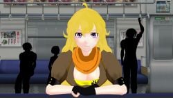 1girls blonde_female blonde_hair cleavage clothed_female fingerless_gloves long_hair long_hair_female pov purple_eyes rwby theblackbirdcalls train yang_xiao_long