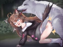 1animal 1girls ahoge anal bent_over black_clothing black_hoodie blue_collar blue_eyes blue_neckwear blush bottomless brown_eyes brown_hair canine clothing collar d-pad d-pad_hair_ornament dog_ears dog_girl dog_tail e-sekai feral feral_on_female feral_on_humanoid feral_penetrating feral_penetrating_female feral_penetrating_humanoid footwear forest forest_background gopogopo hair_ornament heart hoodie idol-en idol_corp light-skinned_female light_skin long_hair multicolored_eyes neckwear on_all_fours open_mouth outside pochi_wanmaru pochi_wanmaru_(2nd_design) shock shocked shoes small_pupils socks tongue tongue_out tree trees vaginal_penetration virtual_youtuber vtuber white_clothing white_fur wolf wolf_on_humanoid zoophilia