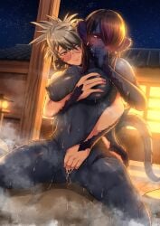 au_ra black_hair blue_skin blush breast_grab dark-skinned_female dark_nipples female_focus female_only femdom fingering_partner glasses horns hot_spring hugging hugging_from_behind ikaroa_ruaumoko kokoghoa_borlaaq mikk0_18 outdoors outside pale-skinned_female pale_skin scales steam sweat sweaty sweaty_body teasing white_hair xaela yuri