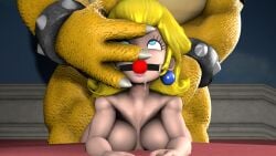 1boy 1girls 3d ball_gag bed bent_over blonde_hair blue_eyes bowser drool drooling female gag hair_grab hand_on_face indoors long_hair male mario_(series) naked nude princess_peach sfm source_filmmaker standing straight supaphreak super_mario_bros. vaginal_penetration vaginal_penetration vaginal_sex