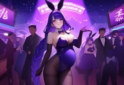 ai_generated black_pantyhose blowing_kiss casino detached_collar elbow_gloves fake_rabbit_ears female_focus genshin_impact inazuma_girls large_breasts looking_at_viewer night people_in_background pregnant purple_bowtie purple_eyes purple_gloves purple_hair purple_leotard raiden_shogun standing thighband_pantyhose very_long_hair