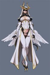 angel angel_wings blindfold breasts claws cleavage_cutout clothing_cutout cock_ring commentary covered_navel covered_nipples crotch_cutout english_commentary facing_viewer female full_body futa_only futanari grey_background habit high_heels highres jewelry juliet_sleeves large_breasts long_sleeves low_wings multi_wing necklace original parted_lips penis precum precum_drip puffy_sleeves sex_toy simple_background solo tail tarakanovich testicles uncensored wings