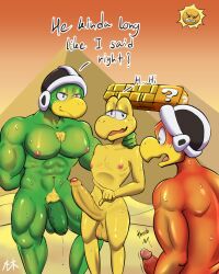 absurd_res angry_sun anthro arm_behind_back armor balls blonde_hair bodily_fluids body_hair boomerang_bros. chest_hair desert dripping english_text fire_bros. foreskin gay genital_fluids genitals green_body group hair half-closed_eyes headgear helmet hi_res koopa koopa_troopa linreddragon long_penis male male/male male_only mario_(series) muscular muscular_male nintendo nipples nude penis precum precum_drip pubic_hair pyramid red_body scalie smile sun super_mario_bros._3 sweat text throbbing_penis tight_foreskin trio yellow_body