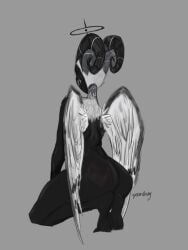 angel angel_humanoid ass big_butt black_body black_feathers exorcist_(hazbin_hotel) feathers female female_only grey_body grey_feathers halo hazbin_hotel helmet hi_res horn humanoid lute_(hazbin_hotel) nude queenclussy solo spank_marks thick_thighs wings