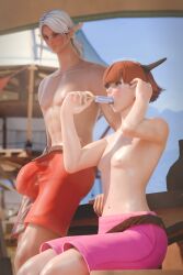 a-ruhn-senna alphinaud_leveilleur beach blue_eyes coel3d duo final_fantasy final_fantasy_xiv gay green_eyes male ponytail red_hair shorts square_enix white_hair