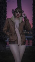 1girls 3d 3d_(artwork) ass breasts brown_eyes brown_hair cleavage exhibitionism feet female gillea_taylor glasses grand_theft_auto grand_theft_auto_online grand_theft_auto_v jacket jacket_only jacket_open legs lips lipstick naked naked_female nopixel nude nude_female nullinvoid public public_nudity pussy thighs vagina