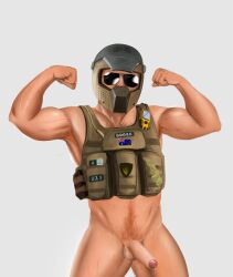 1boy commission erection flexing flexing_bicep happy_trail helmet male male_focus male_only masculine motorcycle_helmet mozzie_(rainbow_six) no_visible_face pants_removed precum pubic_hair rainbow_six rainbow_six_siege solo solo_male sunglasses toned toned_male triage_trooper