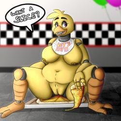 anthro avian beak bib big_breasts bird breasts chica_(fnaf) chicken classic_chica_(fnaf) digital_media_(artwork) english_text female five_nights_at_freddy's food food_fetish food_play galliform gallus_(genus) genitals leostail machine nipples nude overweight phasianid pizza pizza_box pizza_slice pussy robot scottgames slightly_chubby solo teeth text