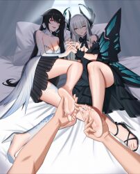 2girls alternate_costume alternate_hairstyle barefoot bed black_hair clothed cum cum_on_feet cumshot dress feet female foot_fetish foot_worship full_body fully_clothed grin high_heels highres interlocked_fingers liv_(punishing:_gray_raven) long_hair lying medium_breasts pillow punishing:_gray_raven red_eyes robot_girl selena_(punishing:_gray_raven) skirt white_eyes white_hair wings