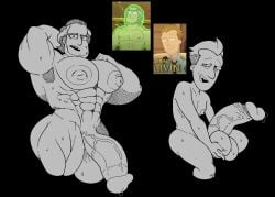 2boys balls bara barazoku beard big_balls big_penis definitelynotdavid facial_hair flaccid gay hand_behind_head male male_only marvin_the_cowardly_security_guard monochrome muscles muscular muscular_male nude penis reference_image rick_and_morty story_lord sweat