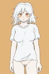 1girls ai_generated blush bottomless embarrassed flat_colors ghost_and_pals large_breasts light_skin nervous orange_background orange_blush orange_eyes pussy short_hair simple_background simple_colors simple_shading solo stable_diffusion the_chattering_lack_of_common_sense white_hair white_shirt