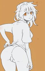 1girls ai_generated ass ass_focus flat_colors from_behind ghost_and_pals hand_on_own_ass large_ass looking_at_viewer looking_back orange_background orange_eyes pussy short_hair simple_background simple_colors simple_shading solo stable_diffusion the_chattering_lack_of_common_sense thick_thighs white_hair white_shirt white_skin