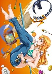 ass barefoot bikini bikini_top_only blue_pants bracelet breasts brown_eyes coin denim earrings feet female female_only food fruit full_body gem gold_coin high_heels highres jeans jewelry large_breasts legs log_pose long_hair map money_bag nami nami_(one_piece) one_piece orange_(fruit) orange_hair pants pearl_earrings pendant post-timeskip quill raida_(j5einmnjp3r49k6) sandals shell_casing shoes shoulder_tattoo solo striped_bikini swimsuit tattoo toenails toes unworn_shoes