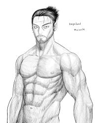 1boy athletic_male beard black_and_white male male_only miyamoto_musashi_(vagabond) monochrome muscular_male no_color no_visible_genitalia nude_male solo vagabond_(manga)