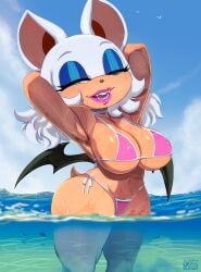 1girls anthro arms_behind_head bat_ears bat_wings big_breasts bikini blue_eyes chiropteran eyes_mostly_closed female female_only hi_res in_water looking_at_viewer pink_lipstick rouge_the_bat sea sega smiling smiling_at_viewer solo sonic_(series) sonic_the_hedgehog_(series) thick_thighs tovio_rogers wings