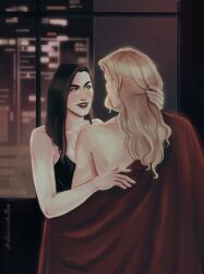 2girls arrowverse blonde_hair cape dark_hair dassssshulken dc dc_comics kara_zor-el lena_luthor looking_at_each_other looking_at_partner supergirl supergirl_(series) yuri