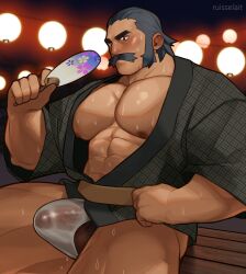 balls bara boner bulge erection erection_pushing_underwear erection_under_clothes fan fanning fanning_self game_freak gay kamado_(pokemon) male male_only moustache muscles muscular nintendo penis pokemon pokemon_legends:_arceus ruisselait see-through_clothing solo solo_male sweaty