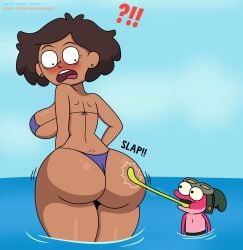 1boy 1girls ?!! amphibia amphibian back back_view big_breasts bikini blush brown_hair dark-skinned_female dark_skin disney embarrassed frog_tongue human long_tongue looking_at_another looking_back mature_female milf mother mrs._boonchuy oum_boonchuy sideboob size_difference slapping_butt smaller_male smooth_skin sprig_plantar surprised thick_thighs whalewarrior123z wide_hips