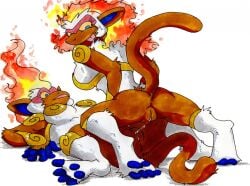 2girls anthro eyelashes fire_hair furry infernape large_breasts monkey nelsonnoir pokemon pokemon_(species) pokemon_dppt pussy pussy_juice pussy_juice_trail tail tongue_out traditional_media traditional_media_(artwork) twins vagina yuri