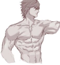 abs armpit biceps black_and_white broad_shoulders clavicle collarbone deltoids greyscale inari_tora kite_hasegawa looking_right male male_focus male_only male_solo muscles muscular_male oblique_edge obliques pecs pectorals pubic_hair serratus_anterior six_pack sketch solid_color_background solo upper_body veiny_arms white_background wide_jaw wide_shoulders