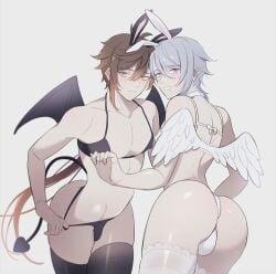 angel_wings big_ass bishonen bunny_ears costume devil_wings gay genshin_impact kamisato_ayato male male/male male_only pretty_boy thong yaoi zhongli_(genshin_impact)