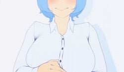 1girls animated artist_request big_breasts blue_hair blush bouncing_breasts breasts breasts_out button_down_shirt button_gap faceless faceless_character faceless_female faceless_human female heart_icon human large_breasts like_icon open_clothes open_shirt popped_button retweet_icon shirt short_hair source_request tagme tagme_(artist) torn_clothes torn_clothing torn_shirt white_shirt